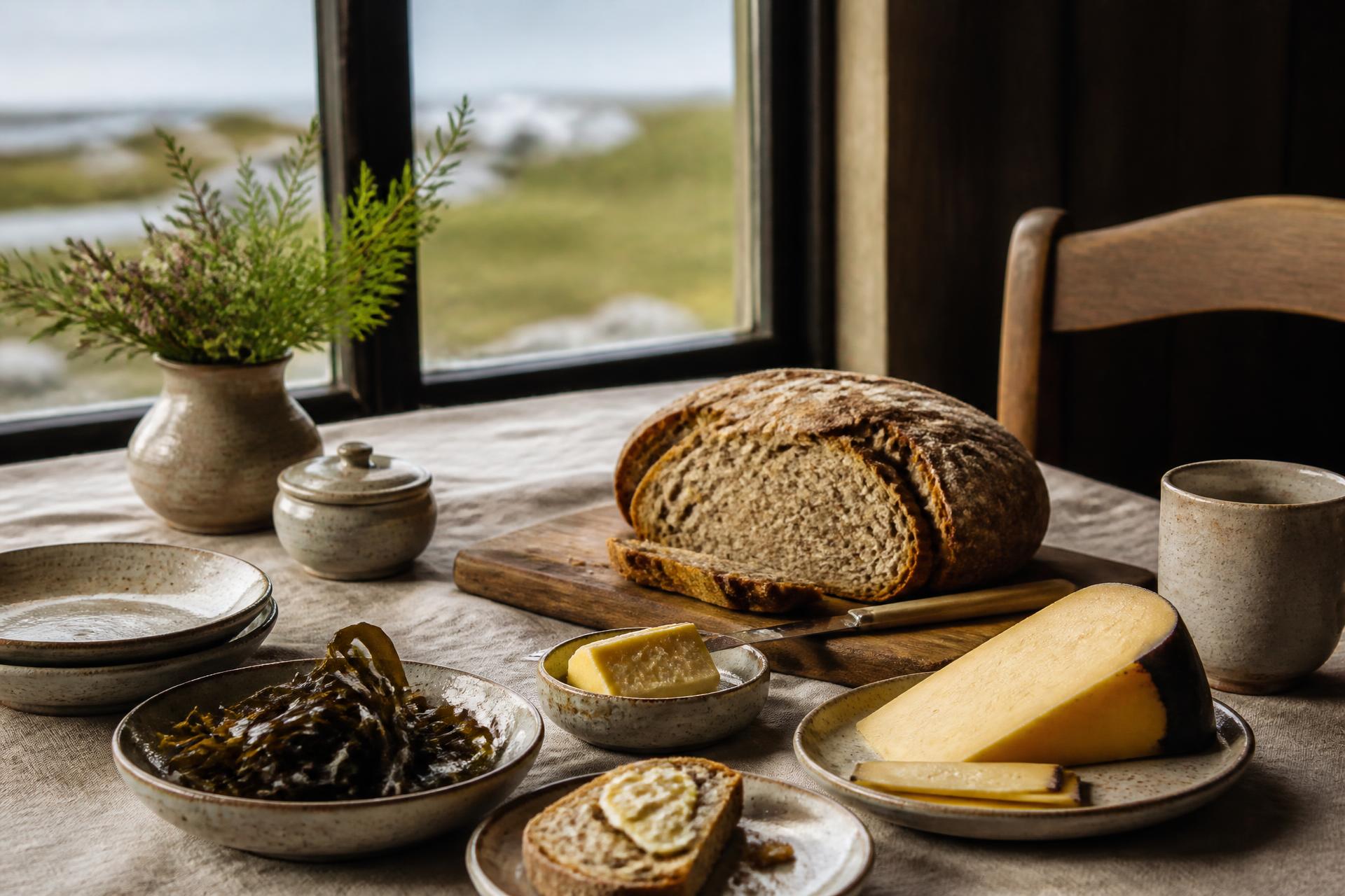 Table set with brown soda bread, butter, local cheese and seaweed beside a window