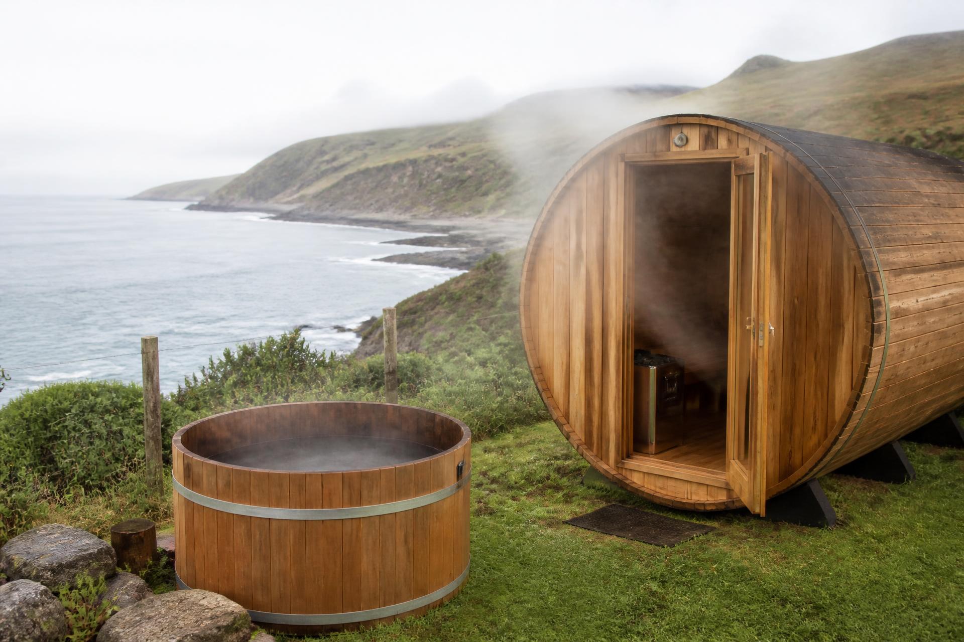 Cedar barrel sauna and cold plunge tub on a grassy coastal slope